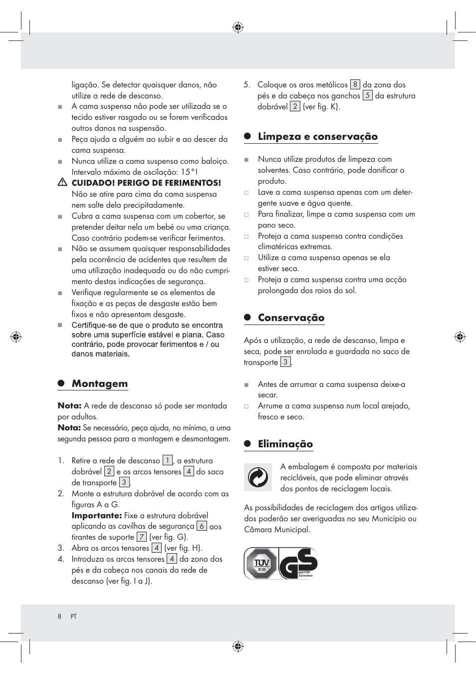 Montagem, Limpeza e conservação, Conservação | Eliminação | Rocktrail Foldable Hammock User Manual | Page 6 / 13