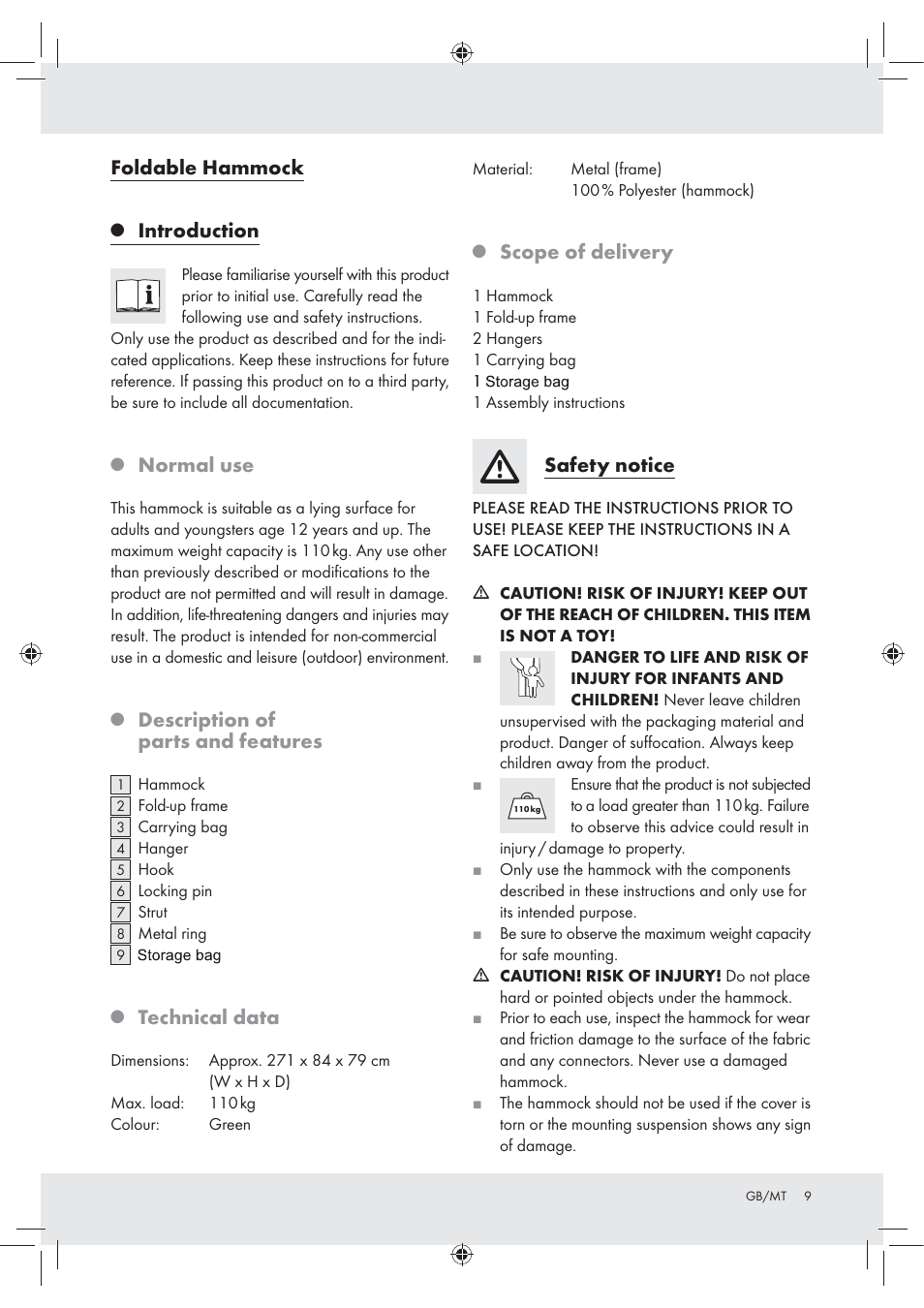 Foldable hammock, Introduction, Normal use | Description of parts and features, Technical data, Scope of delivery, Safety notice | Rocktrail Foldable Hammock User Manual | Page 7 / 13