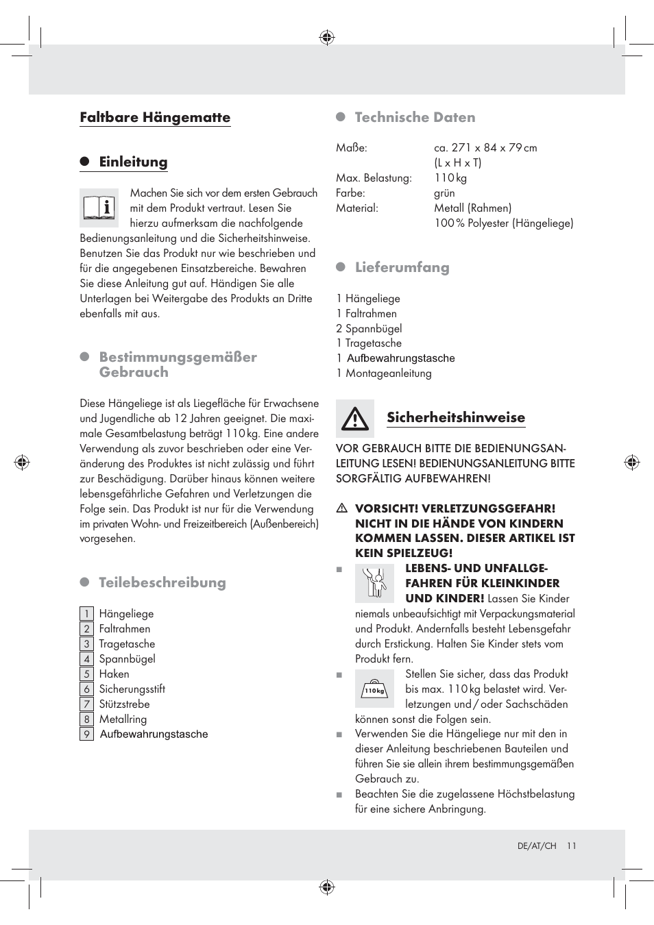 Faltbare hängematte, Einleitung, Bestimmungsgemäßer gebrauch | Teilebeschreibung, Technische daten, Lieferumfang, Sicherheitshinweise | Rocktrail Foldable Hammock User Manual | Page 9 / 13