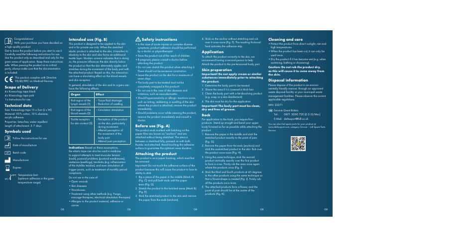 Scope of delivery, Technical data, Symbols used | Intended use (fig. b), Safety instructions, Before use (fig. a), Attaching the product, Application, Cleaning and care, Disposal information | Sensiplast Kinesiology Tape B User Manual | Page 2 / 2