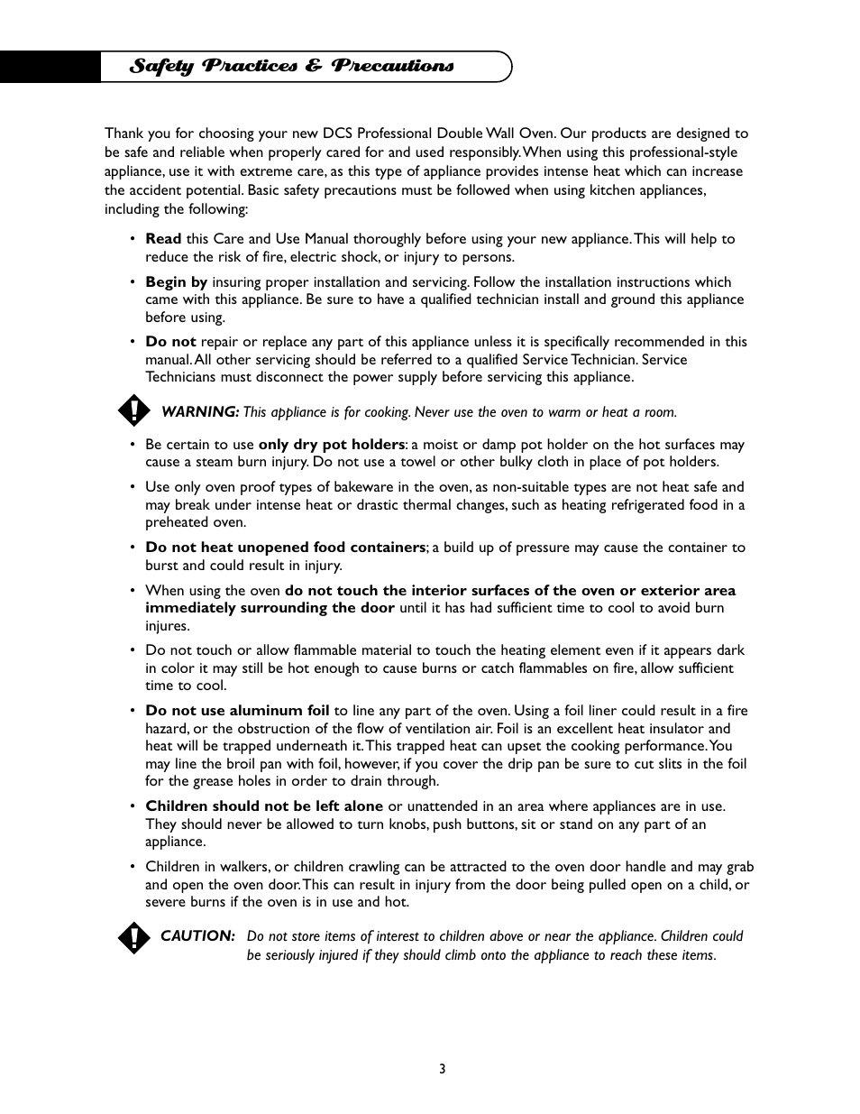 Safety practices & precautions | DCS WO-227WT User Manual | Page 4 / 30