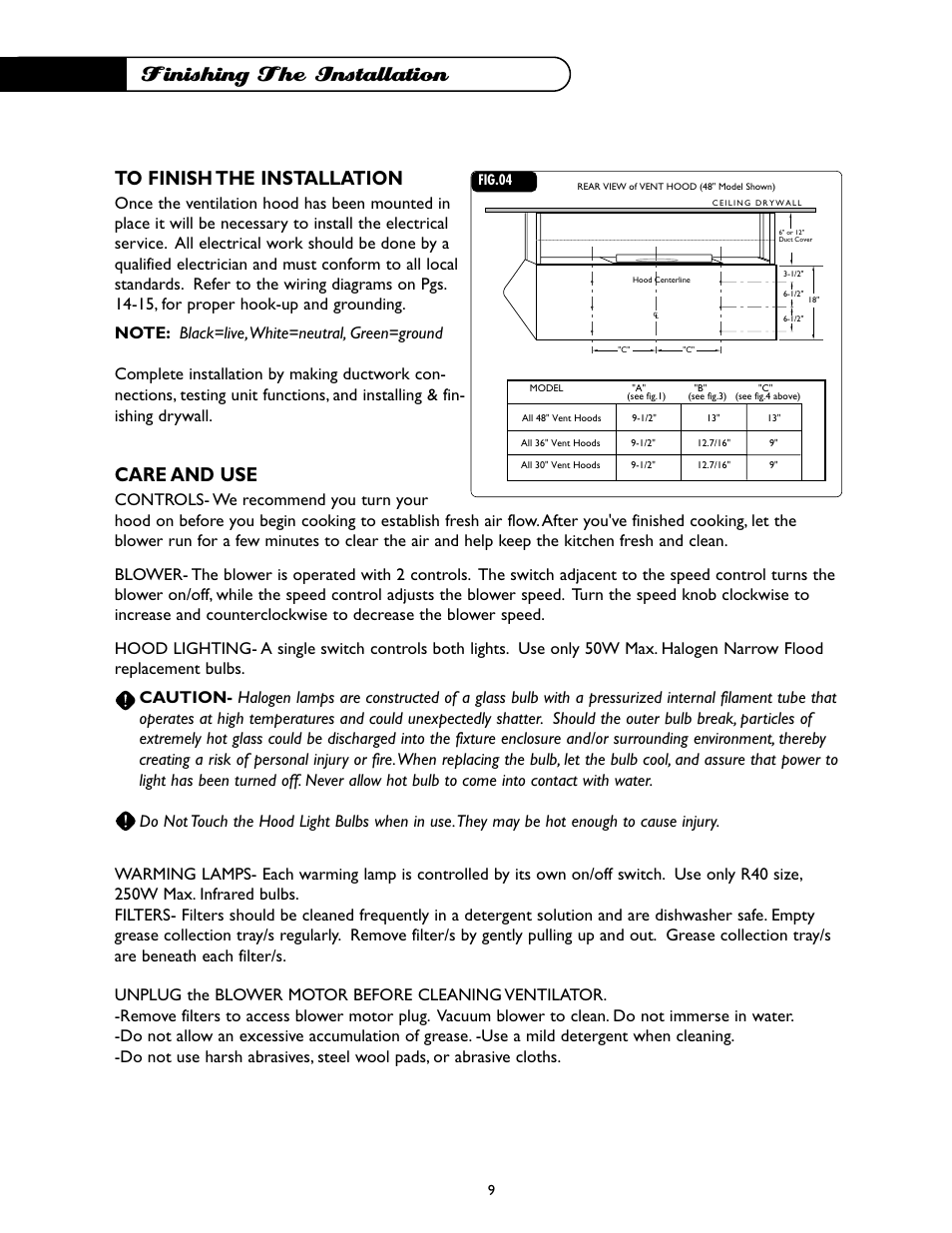 Finishing the installation, Care and use | DCS -VH-36HS User Manual | Page 10 / 18