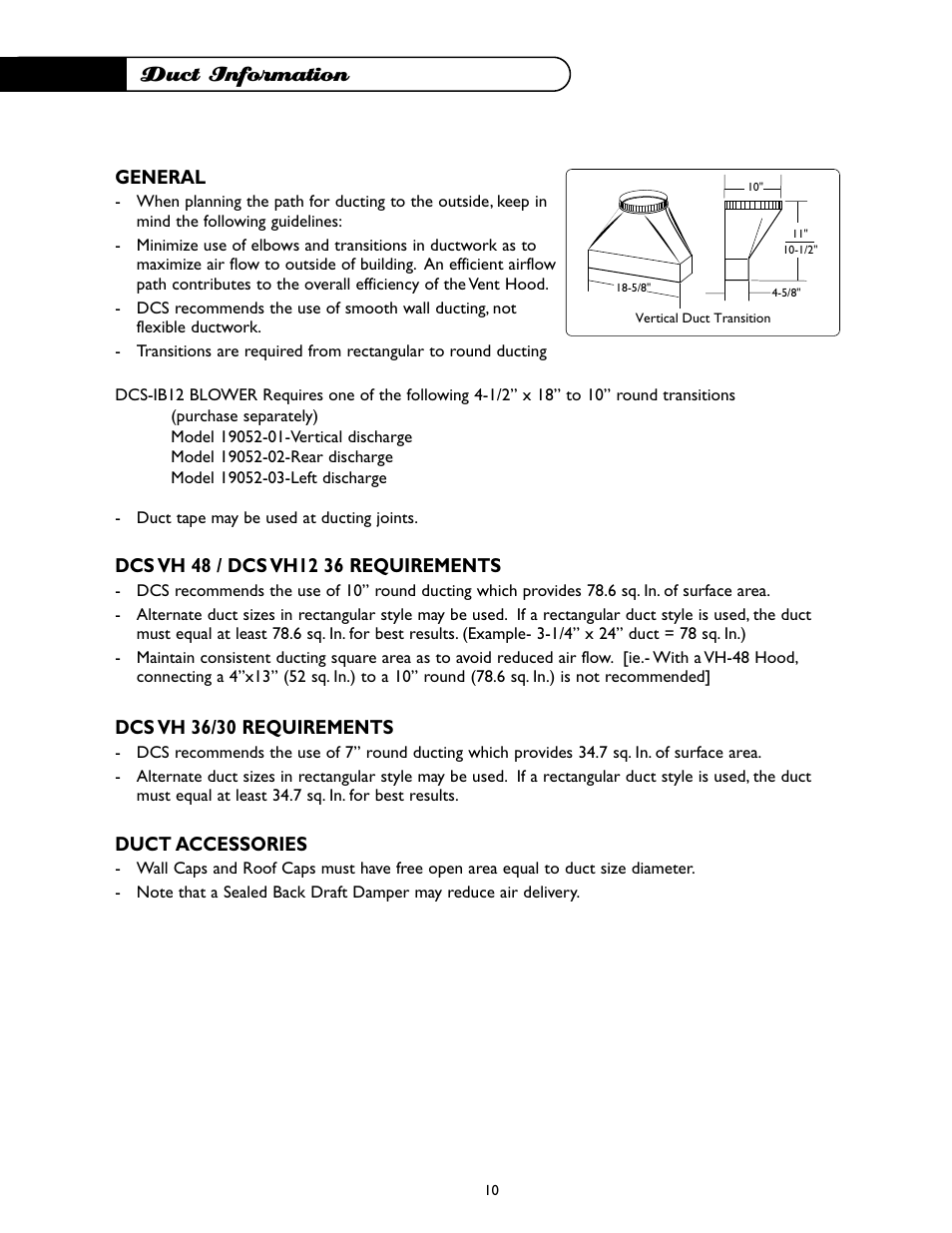 Duct information, General, Dcs vh 36/30 requirements | Duct accessories | DCS -VH-36HS User Manual | Page 11 / 18