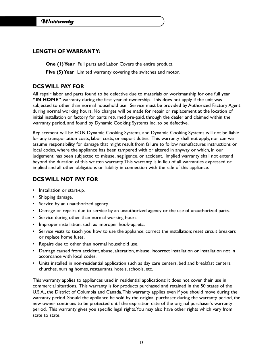 Warranty | DCS -VH-36HS User Manual | Page 14 / 18