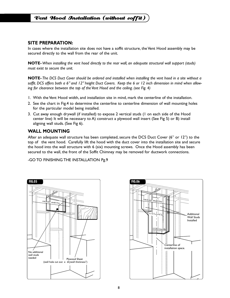 Vent hood installation (without soffit), Site preparation, Wall mounting | DCS -VH-36HS User Manual | Page 9 / 18