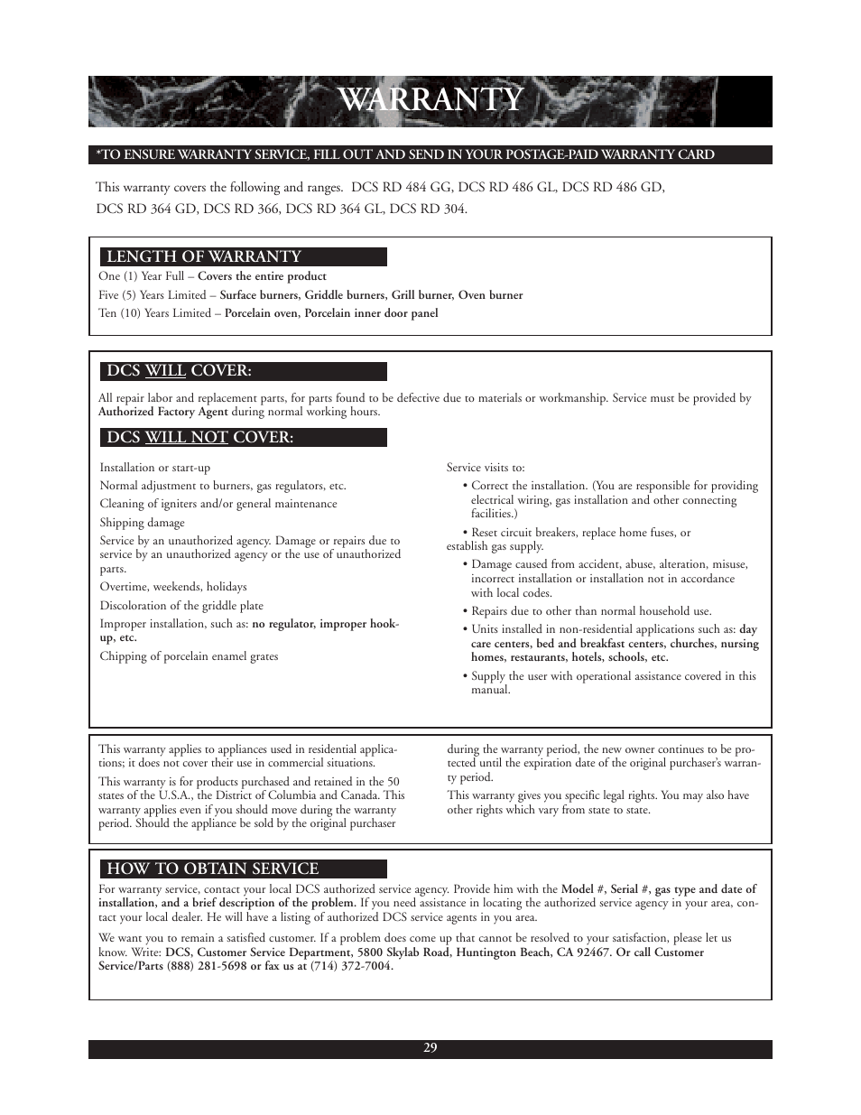 Warranty | DCS 30 inch User Manual | Page 30 / 31