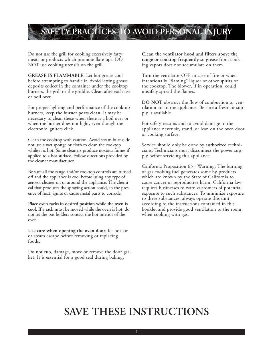 Save these instructions, Safety practices to avoid personal injury | DCS 30 inch User Manual | Page 5 / 31
