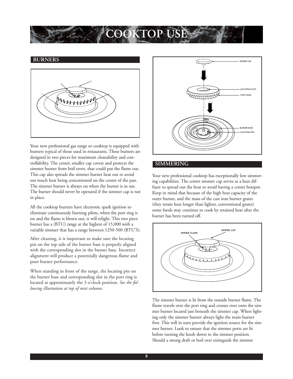 Cooktop use, Simmering, Burners | DCS 30 inch User Manual | Page 9 / 31