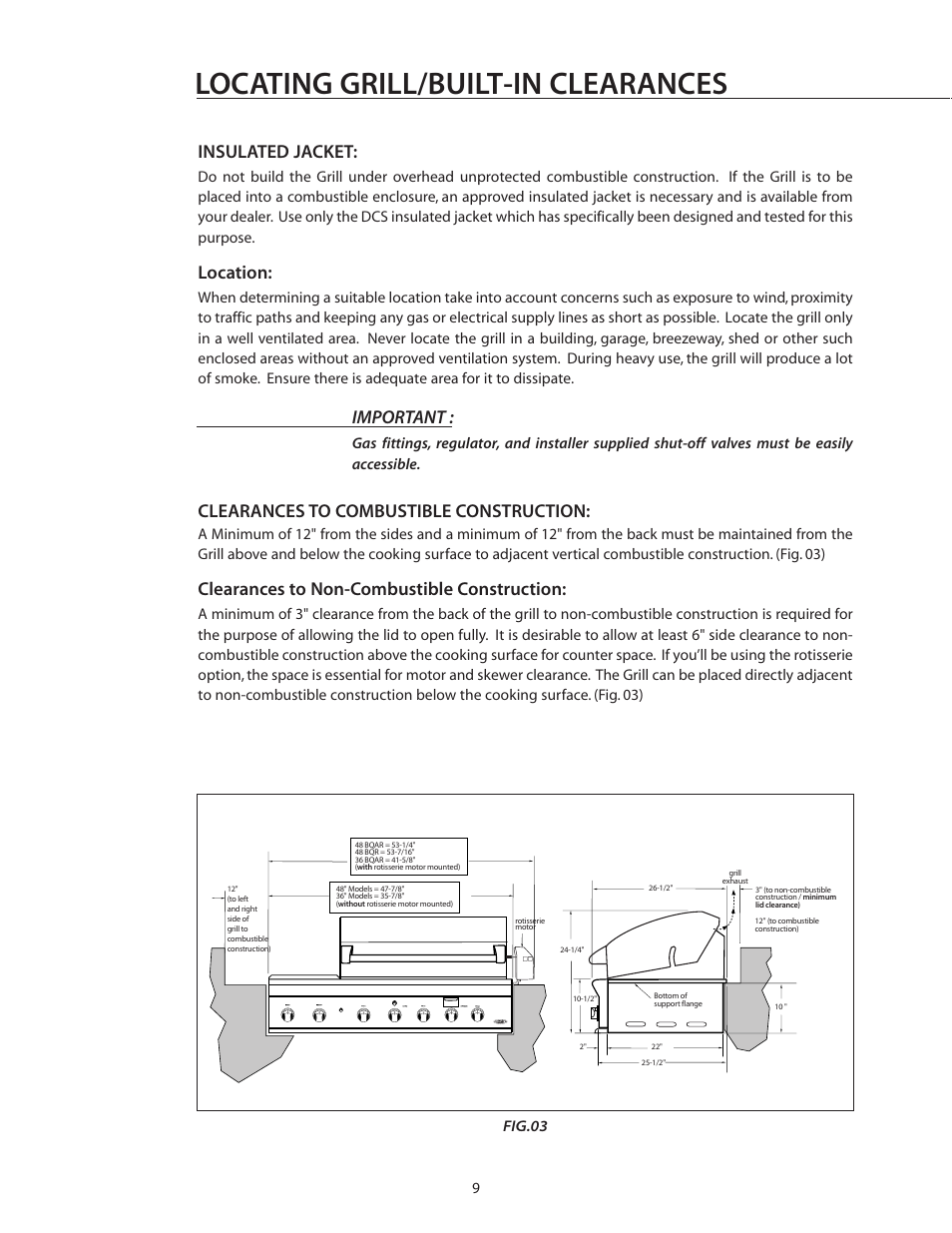 Locating grill/built-in clearances, Insulated jacket, Location | Important, Clearances to combustible construction, Clearances to non-combustible construction, Fig.03 | DCS BGB36-BQAR User Manual | Page 10 / 42