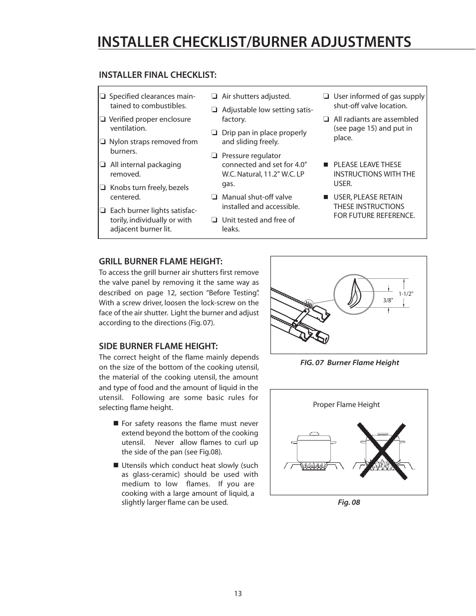 Installer checklist/burner adjustments | DCS BGB36-BQAR User Manual | Page 14 / 42