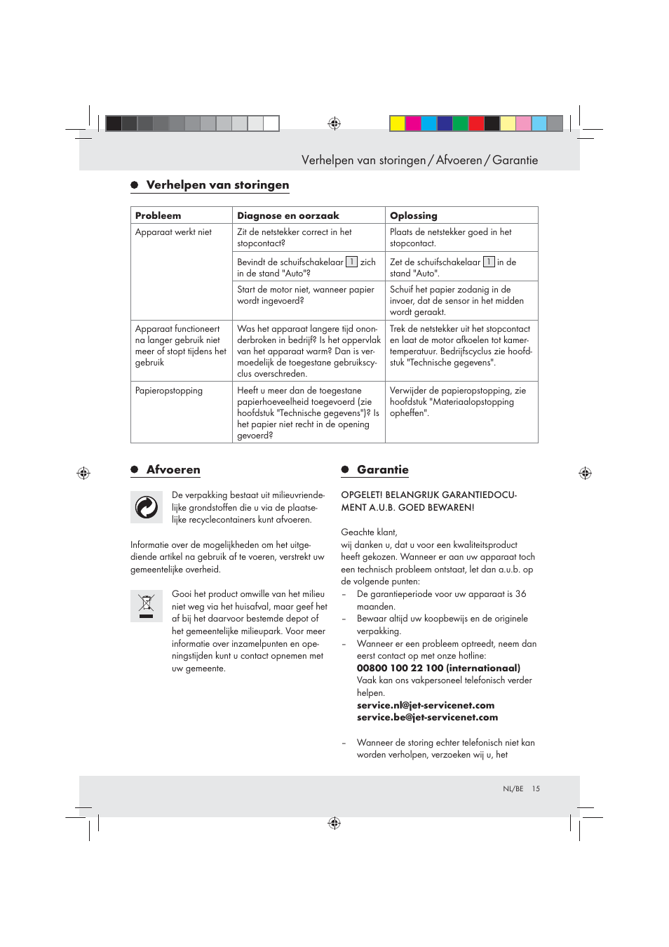 Verhelpen van storingen / afvoeren / garantie | United Office Strip Cut Shredder User Manual | Page 15 / 29