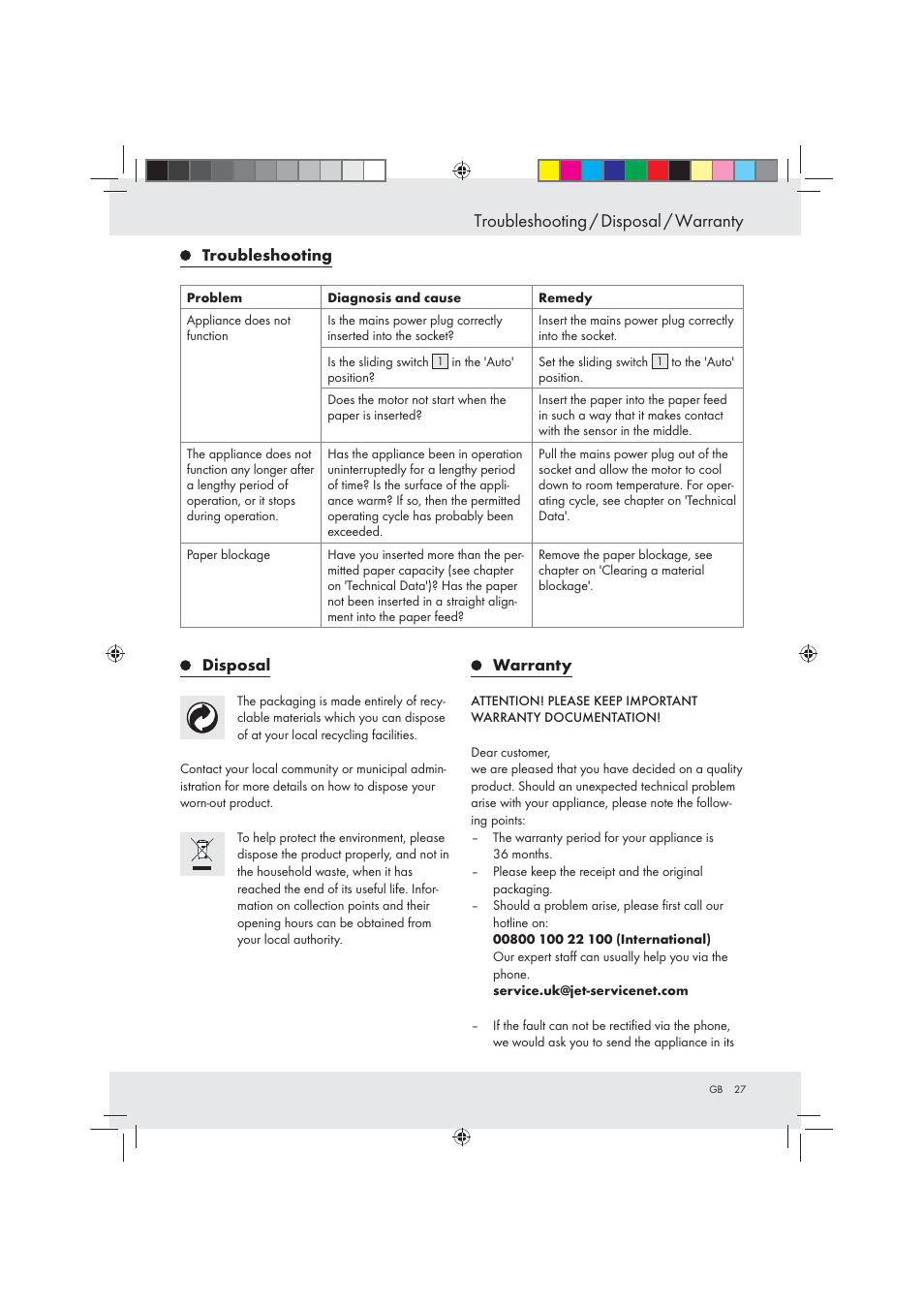 Troubleshooting / disposal / warranty | United Office Strip Cut Shredder User Manual | Page 27 / 29