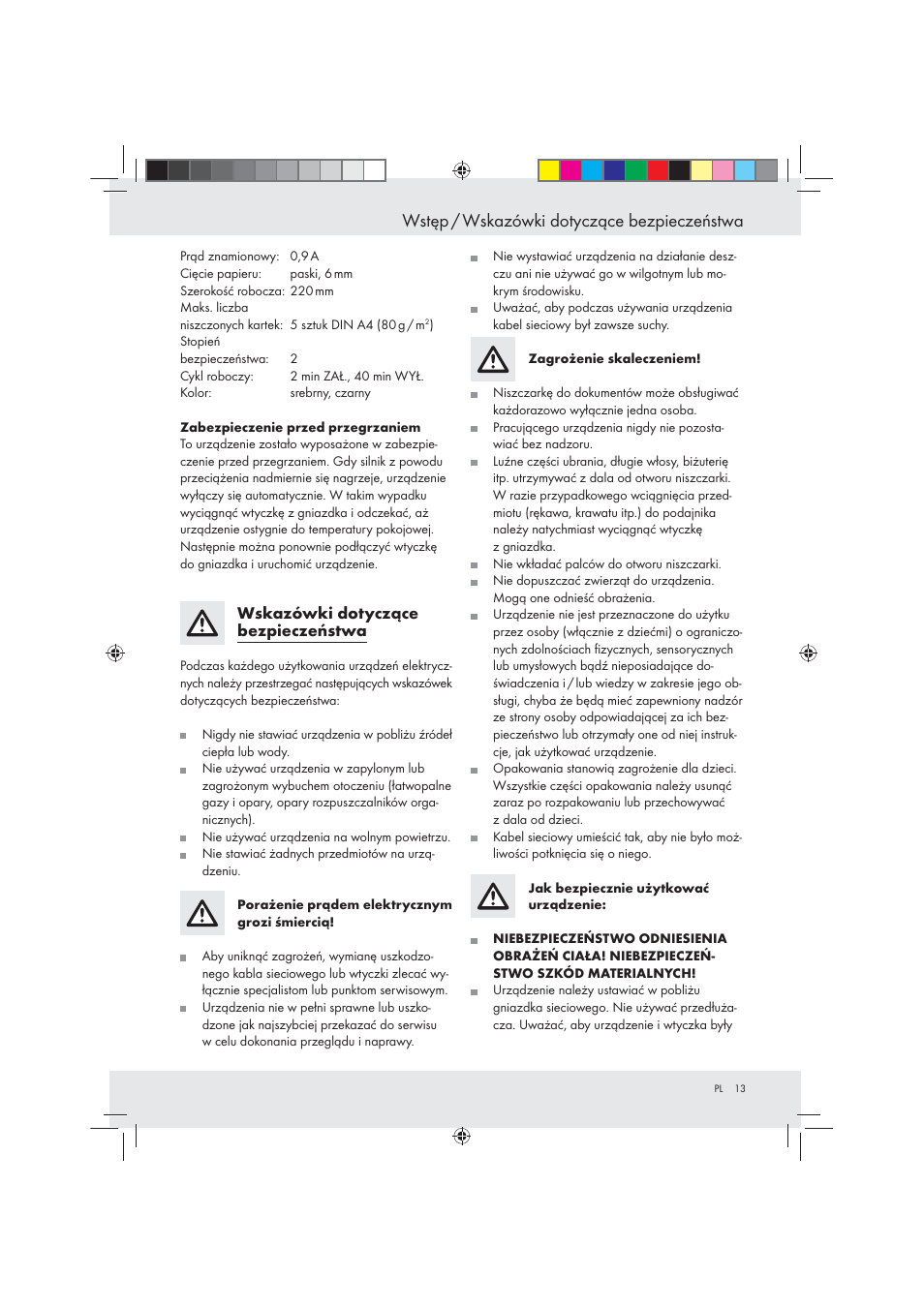 Wstęp / wskazówki dotyczące bezpieczeństwa | United Office Strip Cut Shredder User Manual | Page 13 / 35
