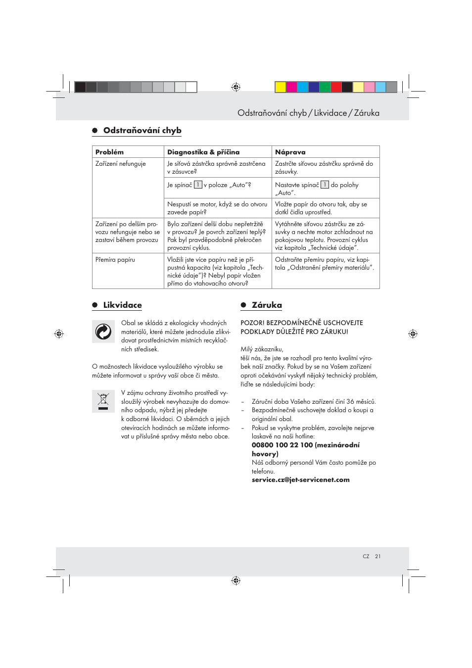 Odstraňování chyb / likvidace / záruka | United Office Strip Cut Shredder User Manual | Page 21 / 35