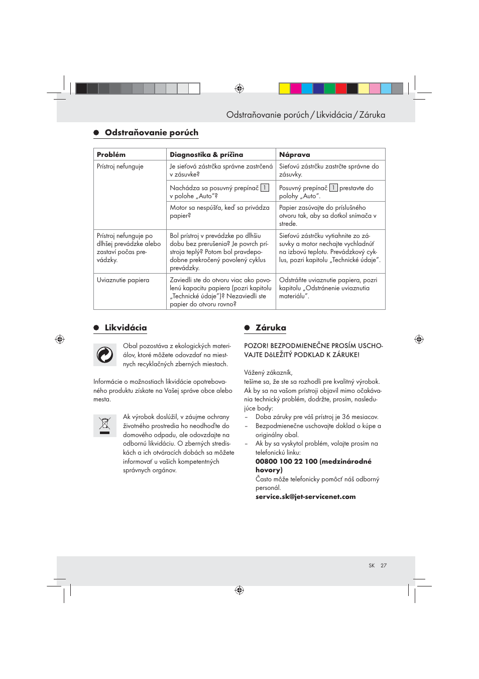 Odstraňovanie porúch / likvidácia / záruka | United Office Strip Cut Shredder User Manual | Page 27 / 35