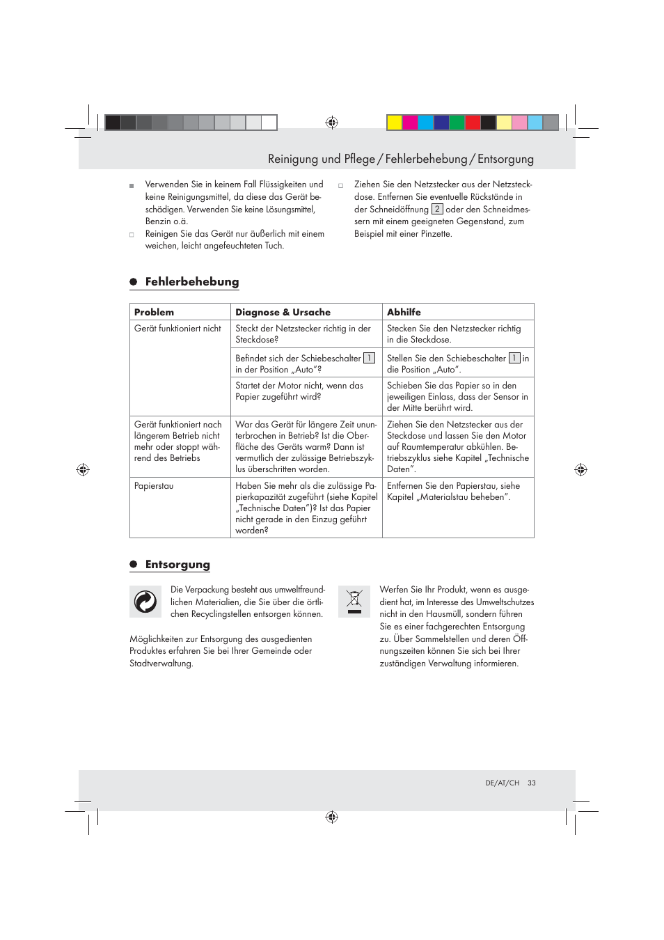 Reinigung und pflege / fehlerbehebung / entsorgung | United Office Strip Cut Shredder User Manual | Page 33 / 35