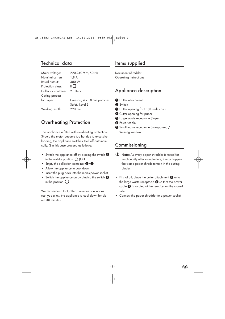 Technical data, Overheating protection, Items supplied | Appliance description, Commissioning | United Office UAV 380 A1 User Manual | Page 5 / 16