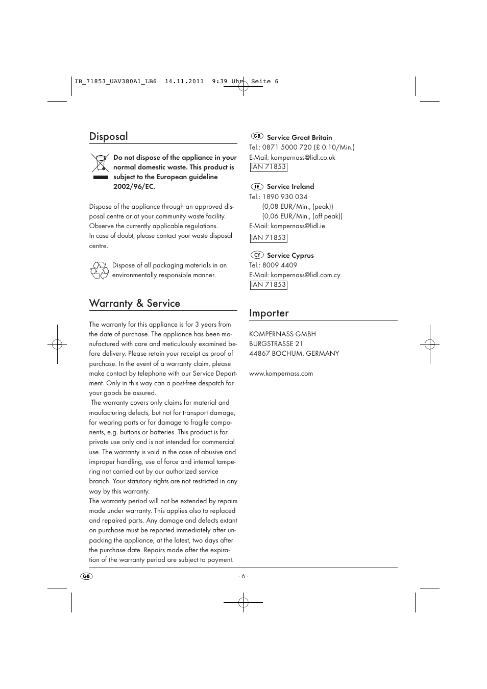 Disposal, Warranty & service, Importer | United Office UAV 380 A1 User Manual | Page 8 / 16