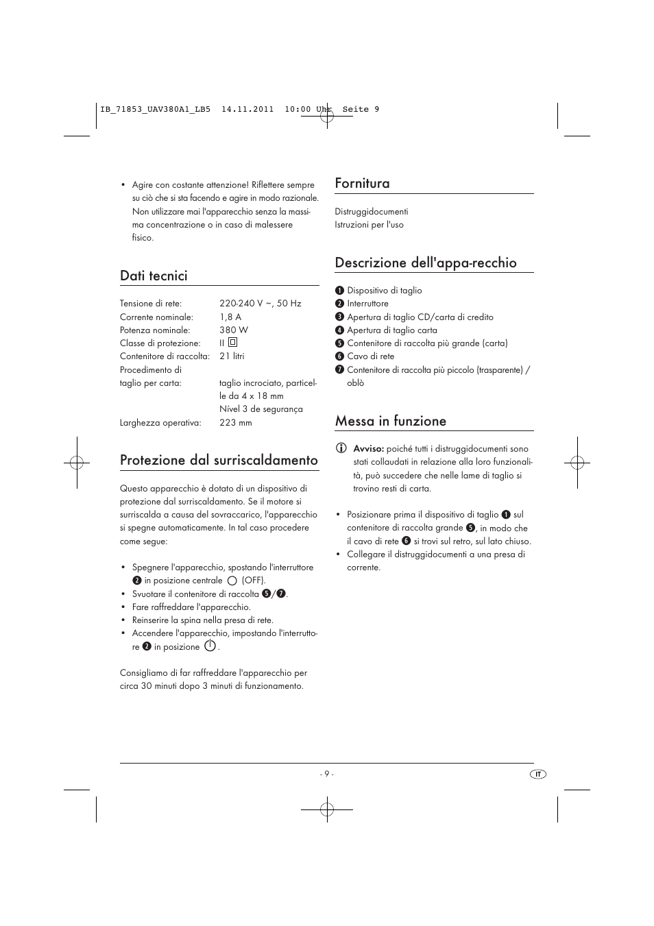 Dati tecnici, Protezione dal surriscaldamento, Fornitura | Descrizione dell'appa-recchio, Messa in funzione | United Office UAV 380 A1 User Manual | Page 11 / 37