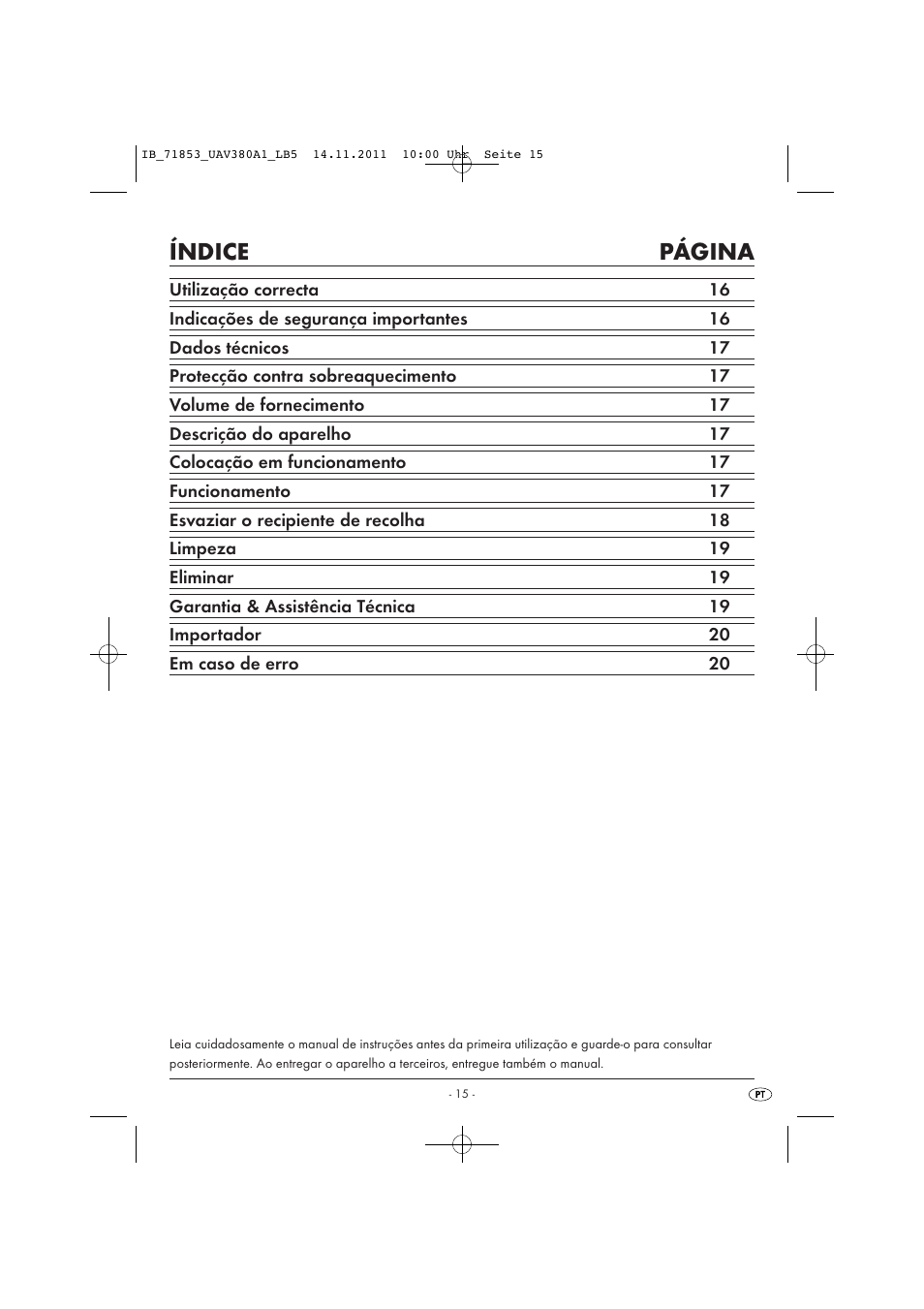Índice página | United Office UAV 380 A1 User Manual | Page 17 / 37