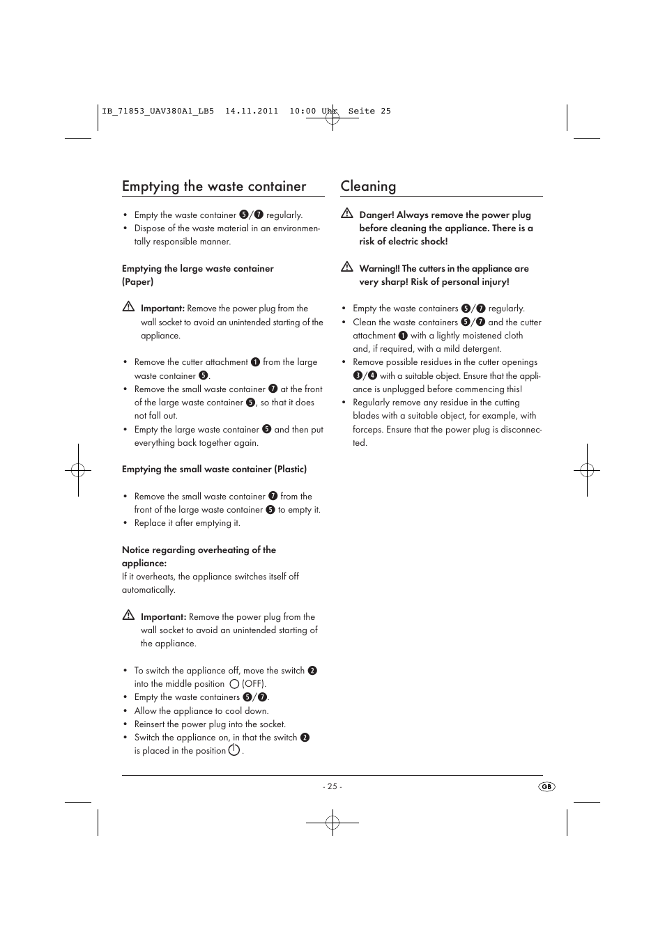 Emptying the waste container, Cleaning | United Office UAV 380 A1 User Manual | Page 27 / 37
