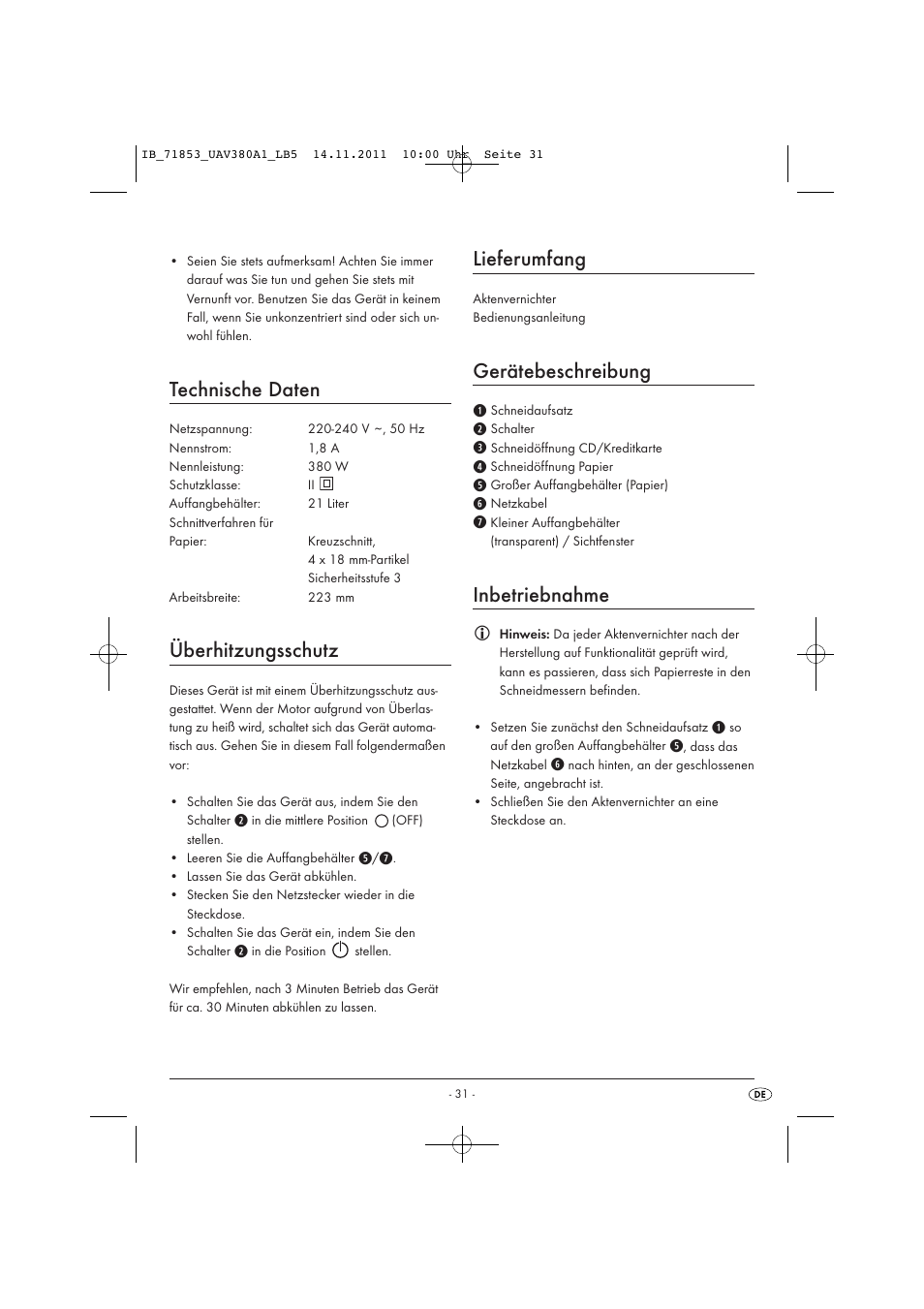 Technische daten, Überhitzungsschutz, Lieferumfang | Gerätebeschreibung, Inbetriebnahme | United Office UAV 380 A1 User Manual | Page 33 / 37