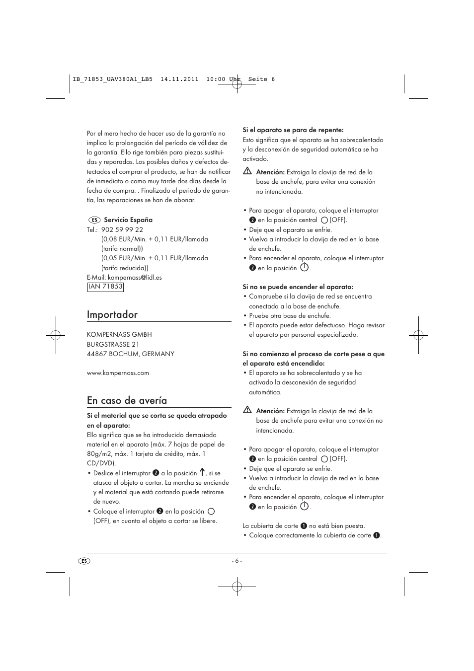Importador, En caso de avería | United Office UAV 380 A1 User Manual | Page 8 / 37