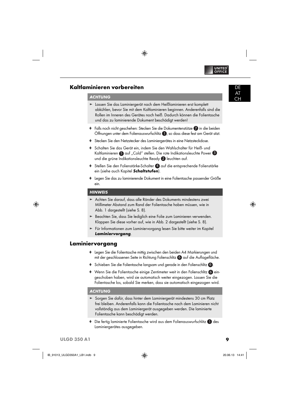 Kaltlaminieren vorbereiten, Laminiervorgang, De at ch | United Office ULGD 350 A1 User Manual | Page 12 / 74