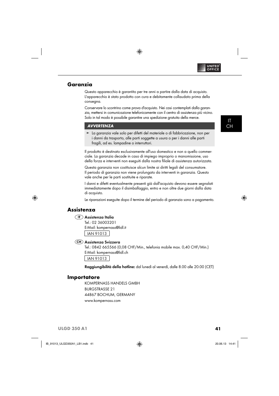 Garanzia, Assistenza, Importatore | It ch | United Office ULGD 350 A1 User Manual | Page 44 / 74