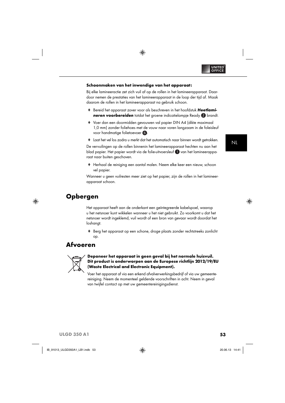 Opbergen, Afvoeren | United Office ULGD 350 A1 User Manual | Page 56 / 74