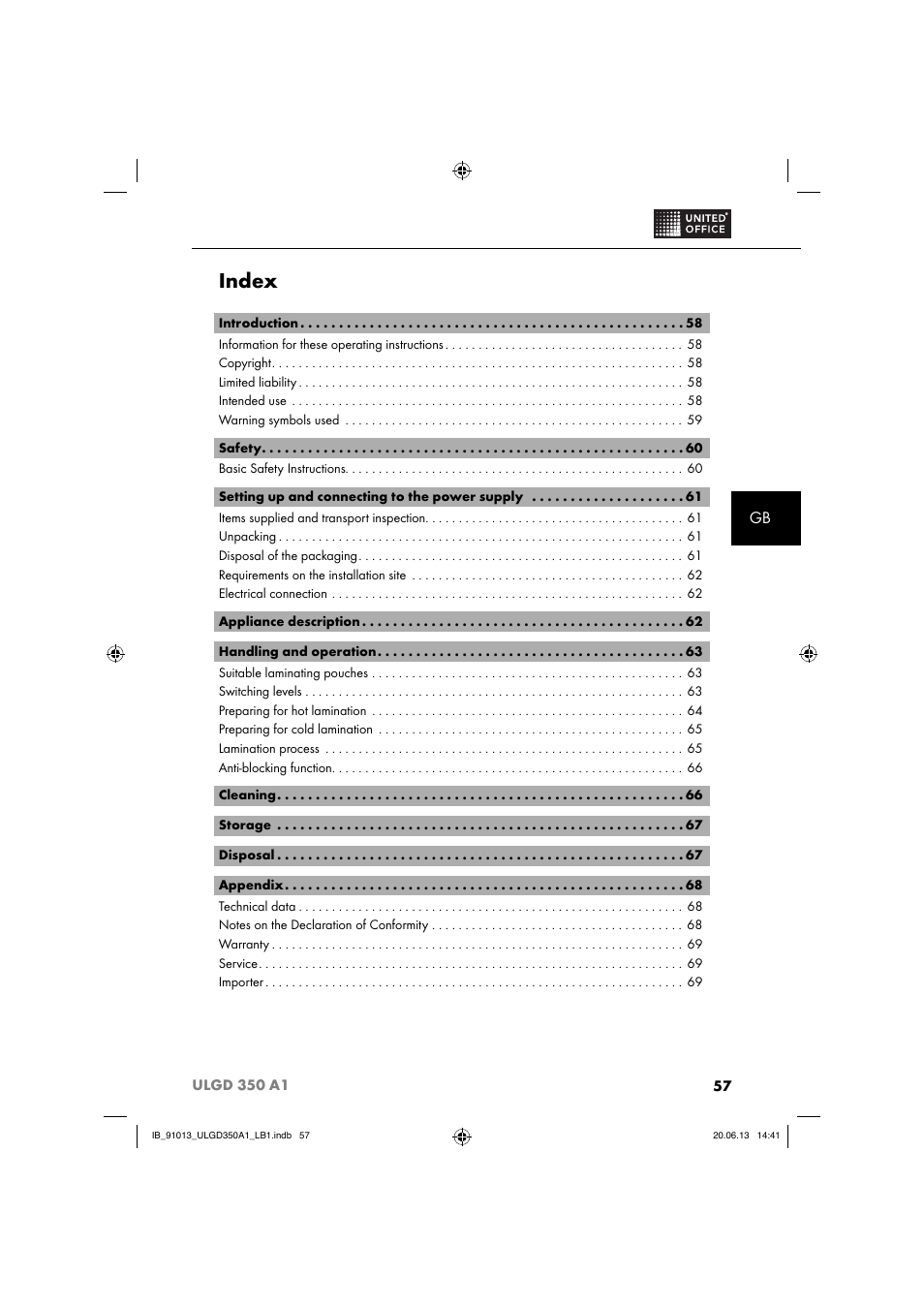 Index | United Office ULGD 350 A1 User Manual | Page 60 / 74