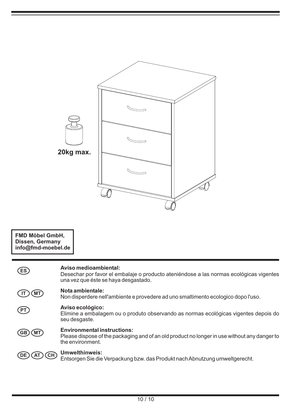 20kg max | United Office Drawer Cabinet User Manual | Page 10 / 10