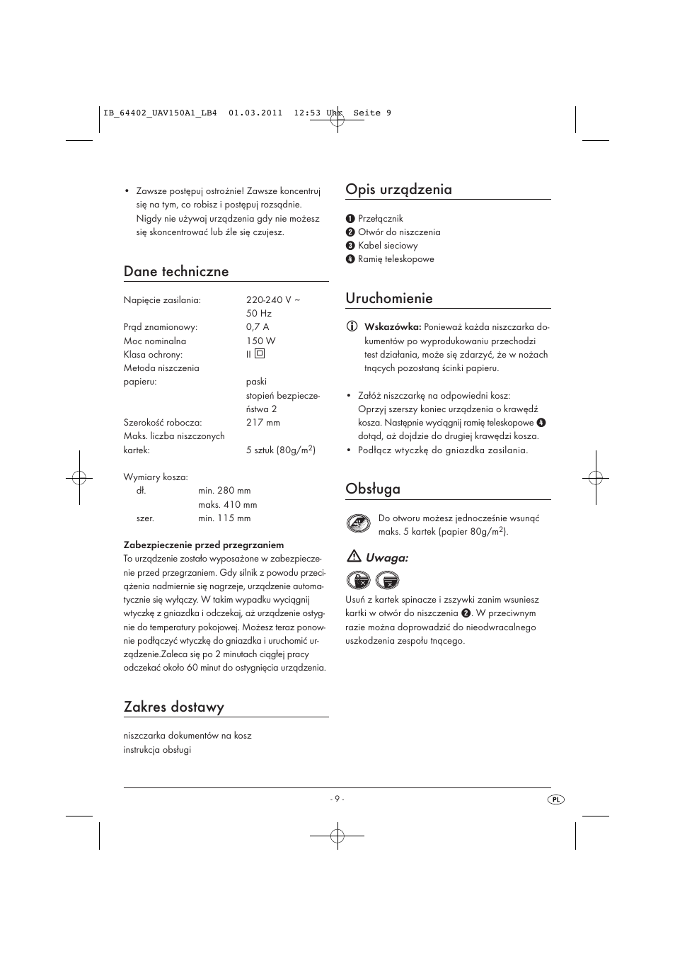 Dane techniczne, Zakres dostawy, Opis urządzenia | Uruchomienie, Obsługa, Uwaga | United Office UAV 150 A1 User Manual | Page 11 / 44