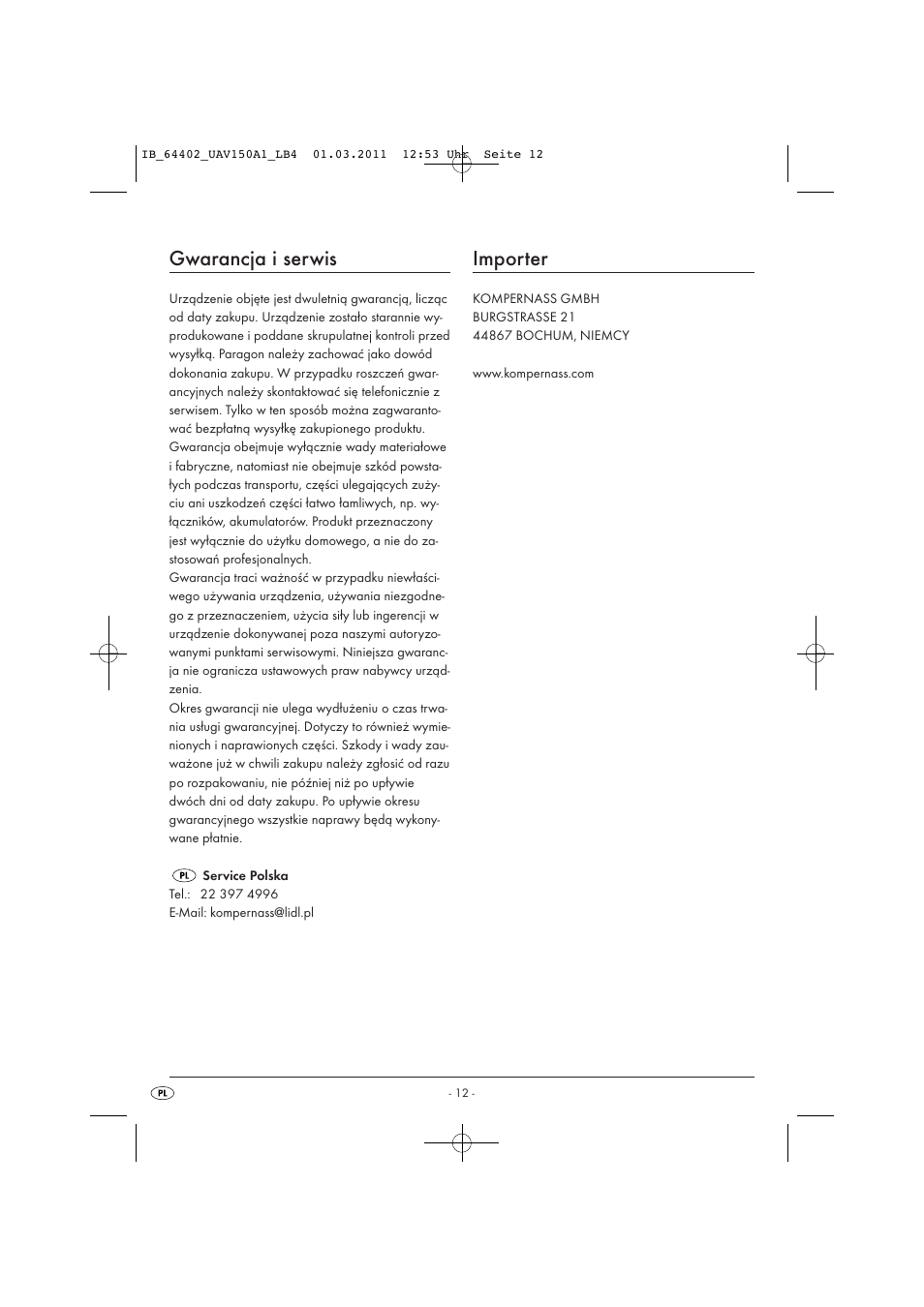 Gwarancja i serwis, Importer | United Office UAV 150 A1 User Manual | Page 14 / 44