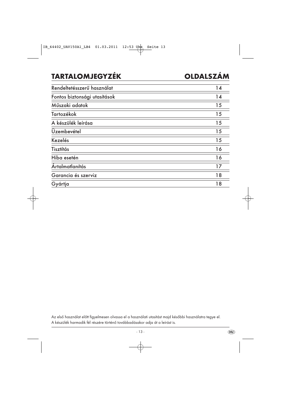 Tartalomjegyzék oldalszám | United Office UAV 150 A1 User Manual | Page 15 / 44