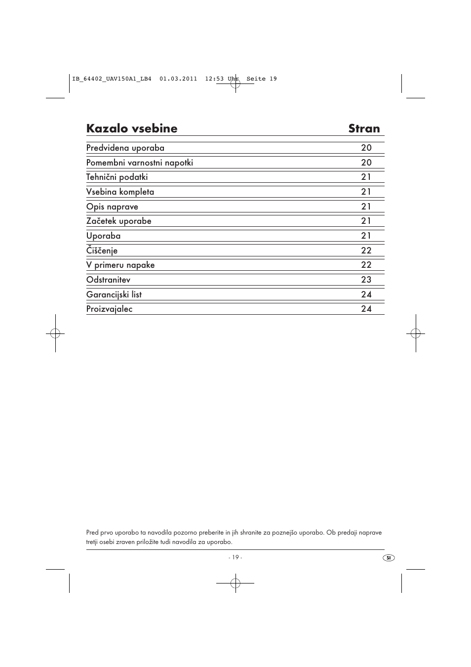 Kazalo vsebine stran | United Office UAV 150 A1 User Manual | Page 21 / 44