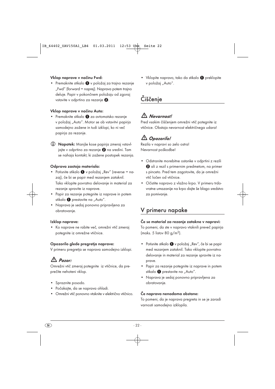 Čiščenje, V primeru napake, Pozor | Nevarnost, Opozorilo | United Office UAV 150 A1 User Manual | Page 24 / 44