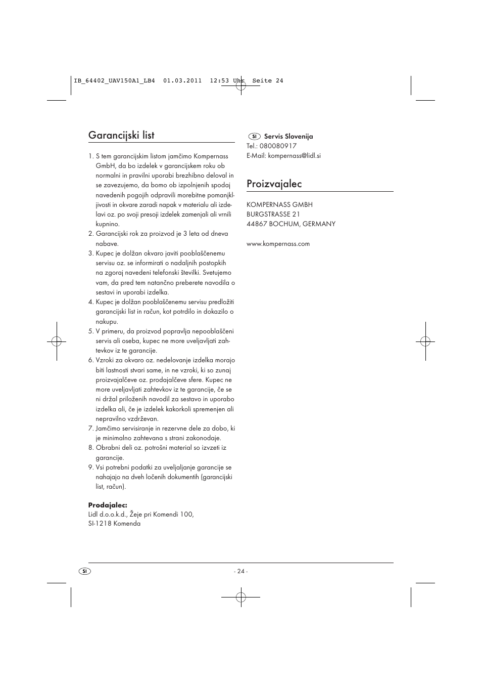 Garancijski list, Proizvajalec | United Office UAV 150 A1 User Manual | Page 26 / 44