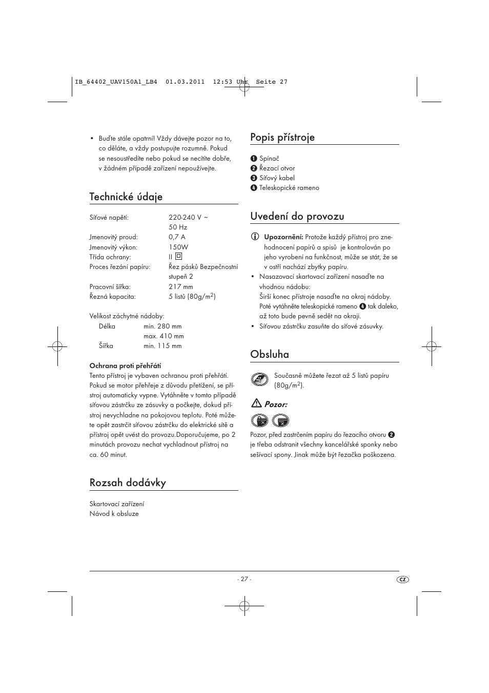 Technické údaje, Rozsah dodávky, Popis přístroje | Uvedení do provozu, Obsluha, Pozor | United Office UAV 150 A1 User Manual | Page 29 / 44