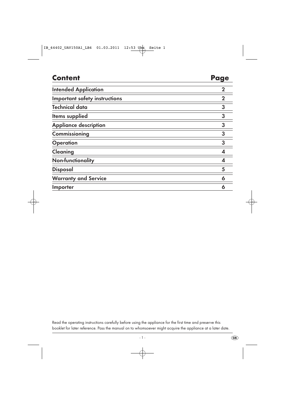 Content page | United Office UAV 150 A1 User Manual | Page 3 / 44