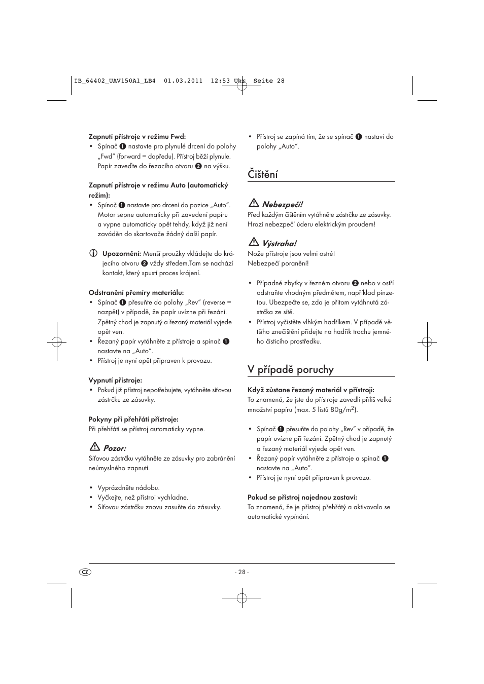 Čištění, V případě poruchy, Pozor | Nebezpečí, Výstraha | United Office UAV 150 A1 User Manual | Page 30 / 44