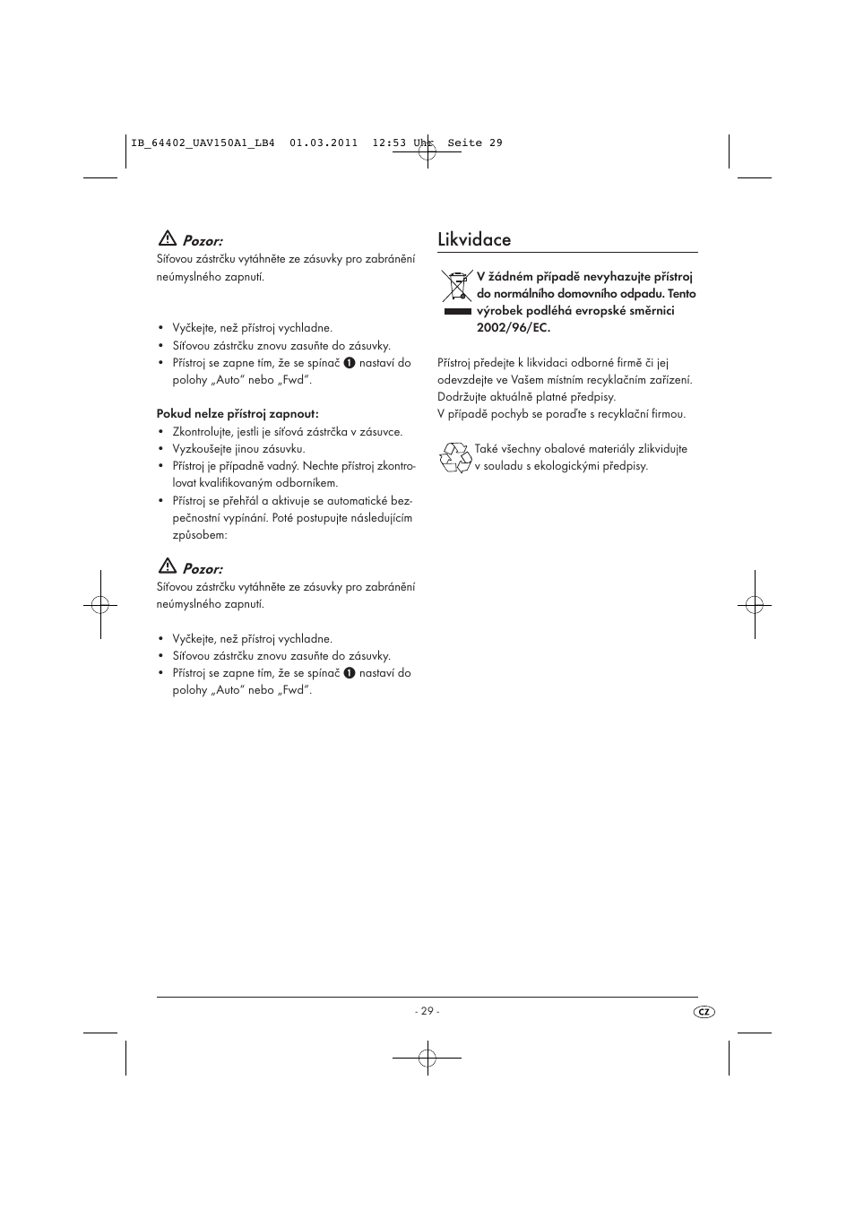Likvidace, Pozor | United Office UAV 150 A1 User Manual | Page 31 / 44