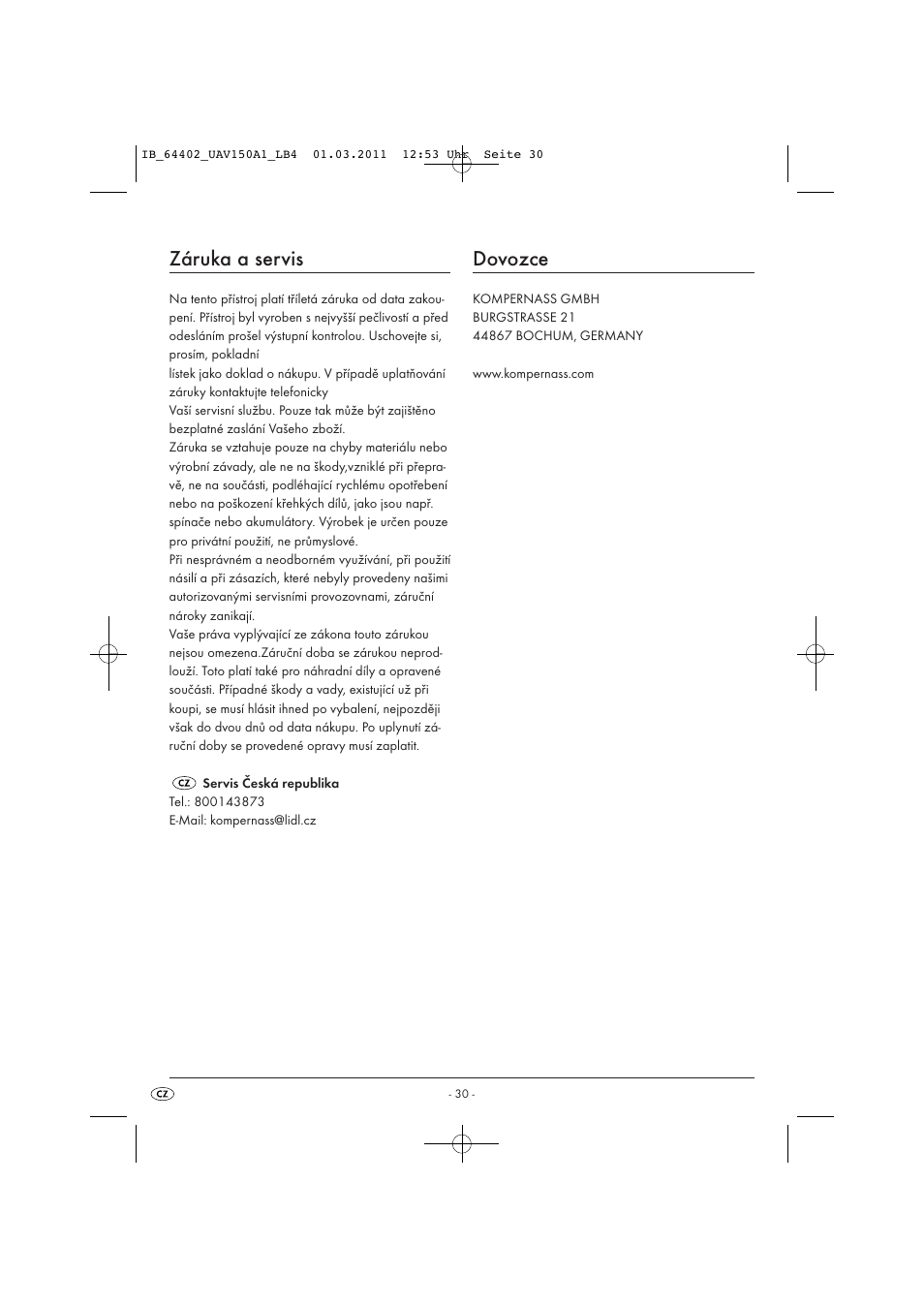 Záruka a servis, Dovozce | United Office UAV 150 A1 User Manual | Page 32 / 44