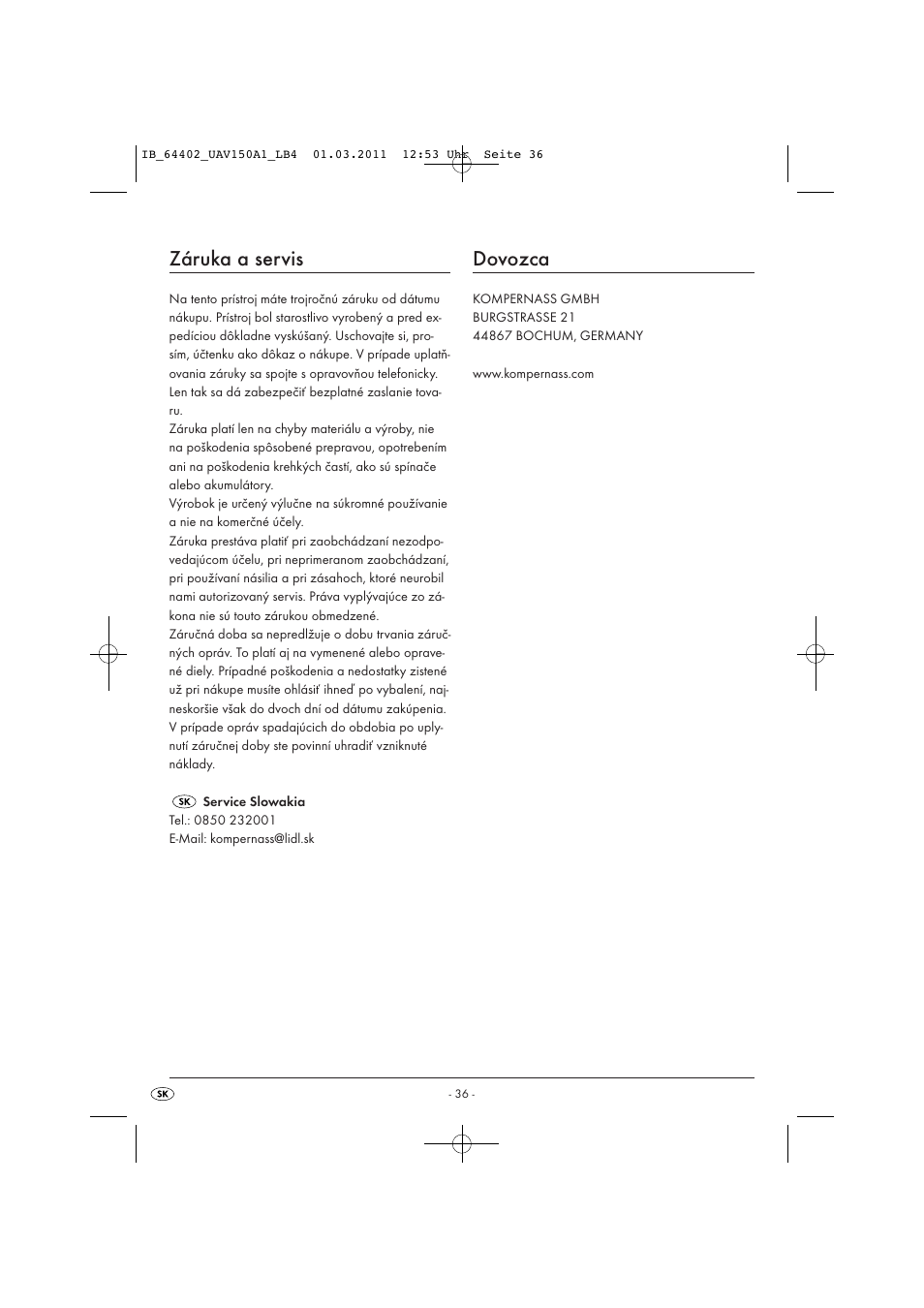 Záruka a servis, Dovozca | United Office UAV 150 A1 User Manual | Page 38 / 44
