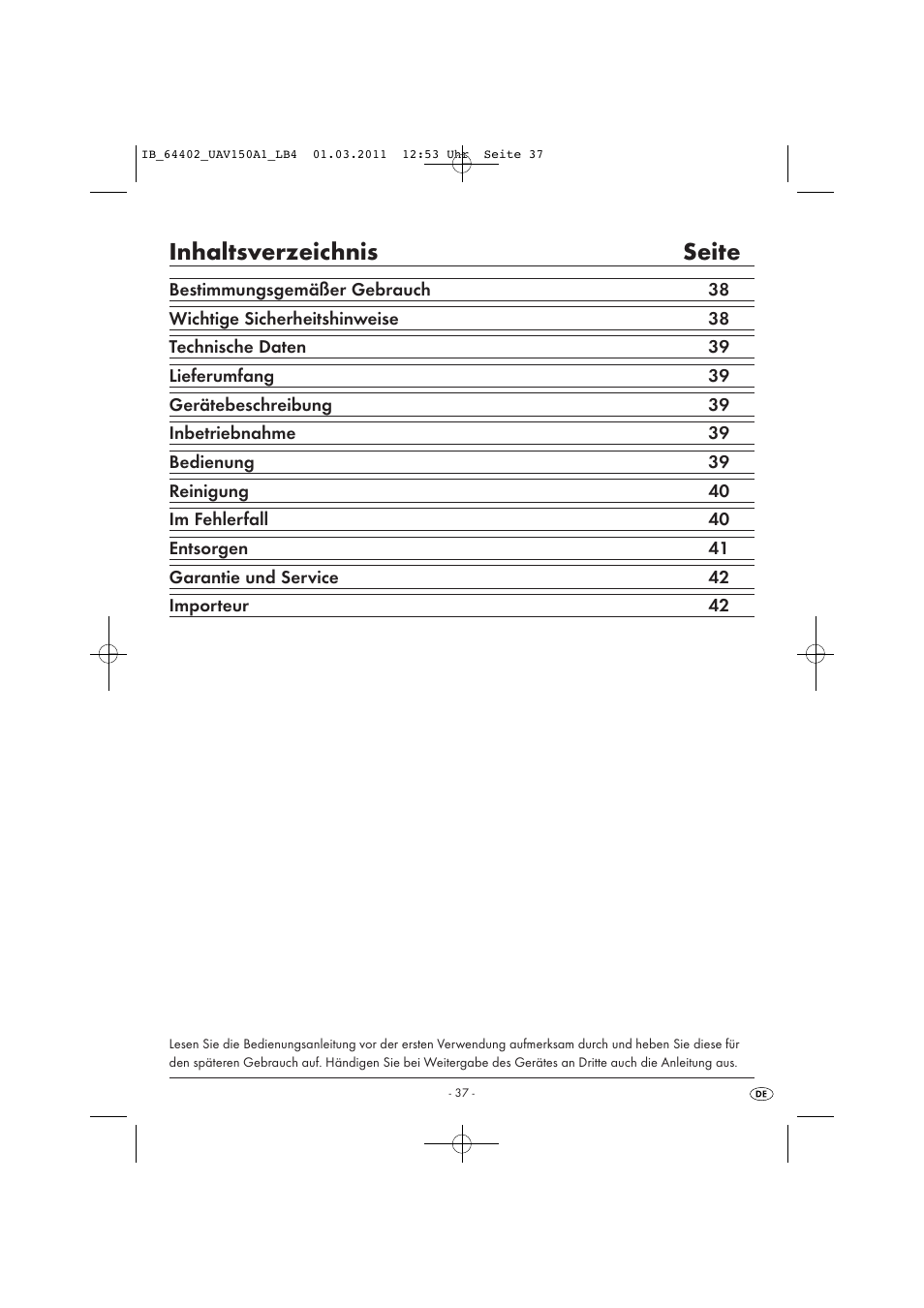Inhaltsverzeichnis seite | United Office UAV 150 A1 User Manual | Page 39 / 44