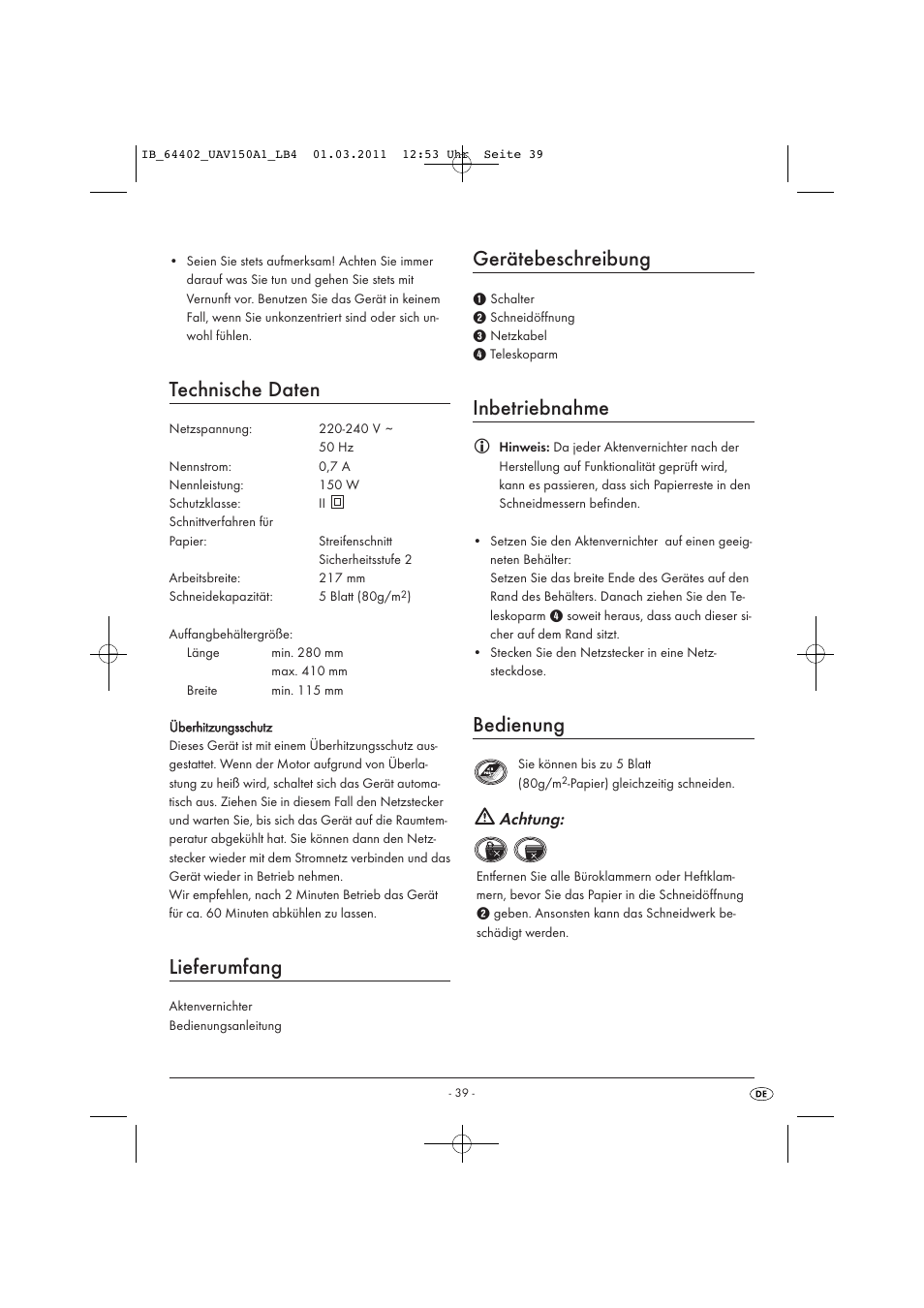 Technische daten, Lieferumfang, Gerätebeschreibung | Inbetriebnahme, Bedienung, Achtung | United Office UAV 150 A1 User Manual | Page 41 / 44