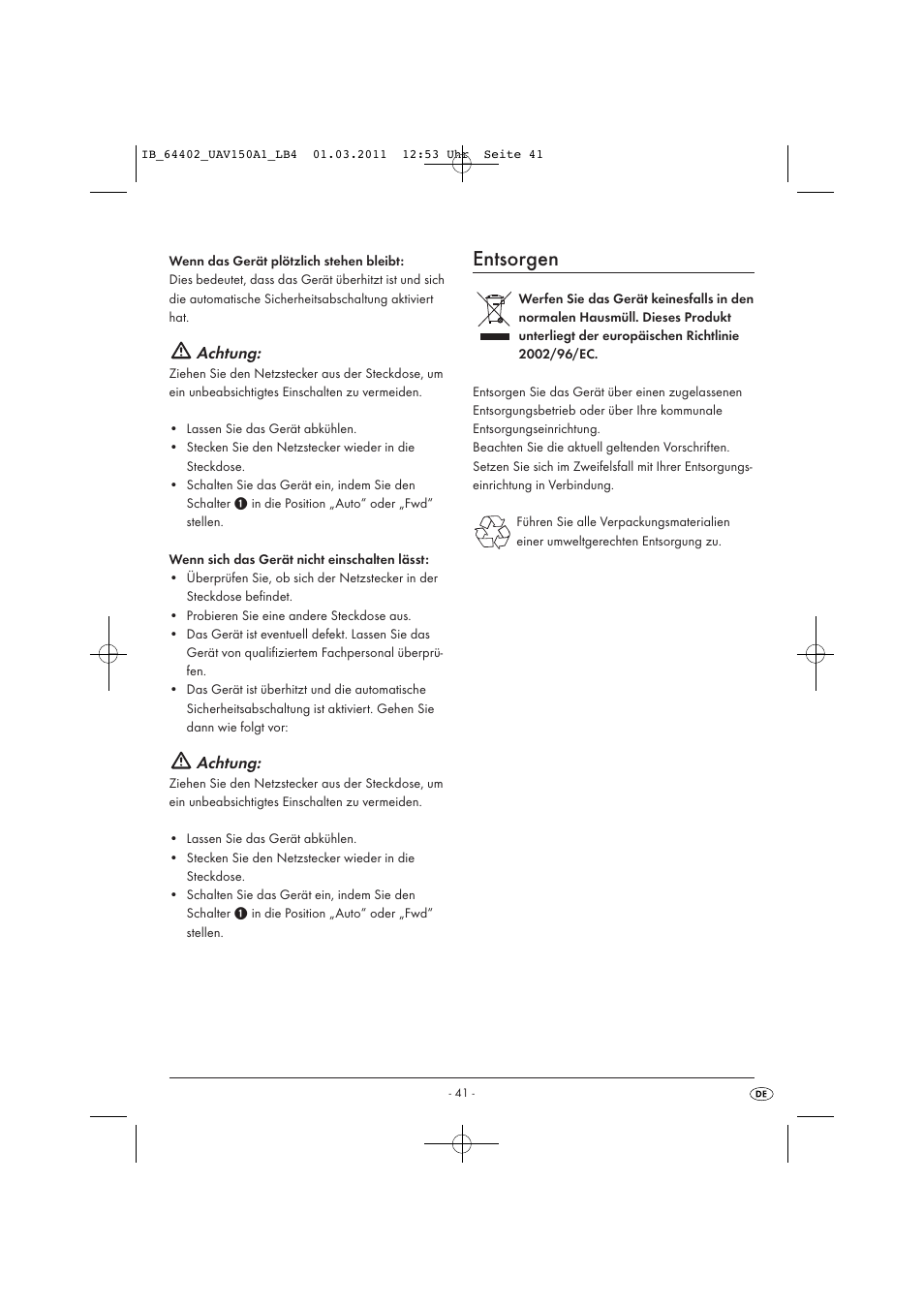 Entsorgen, Achtung | United Office UAV 150 A1 User Manual | Page 43 / 44