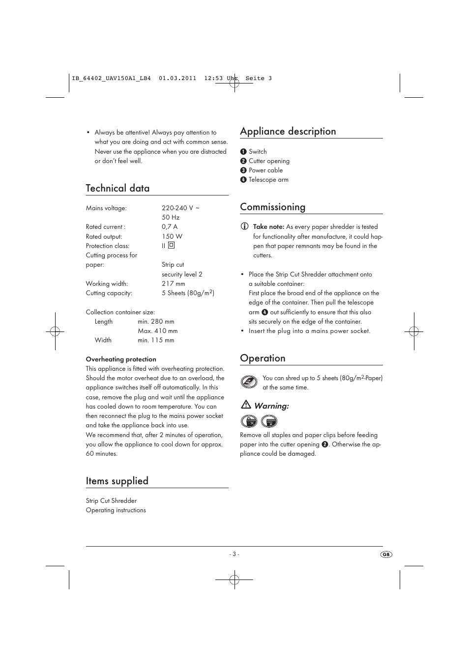 Technical data, Items supplied, Appliance description | Commissioning, Operation, Warning | United Office UAV 150 A1 User Manual | Page 5 / 44