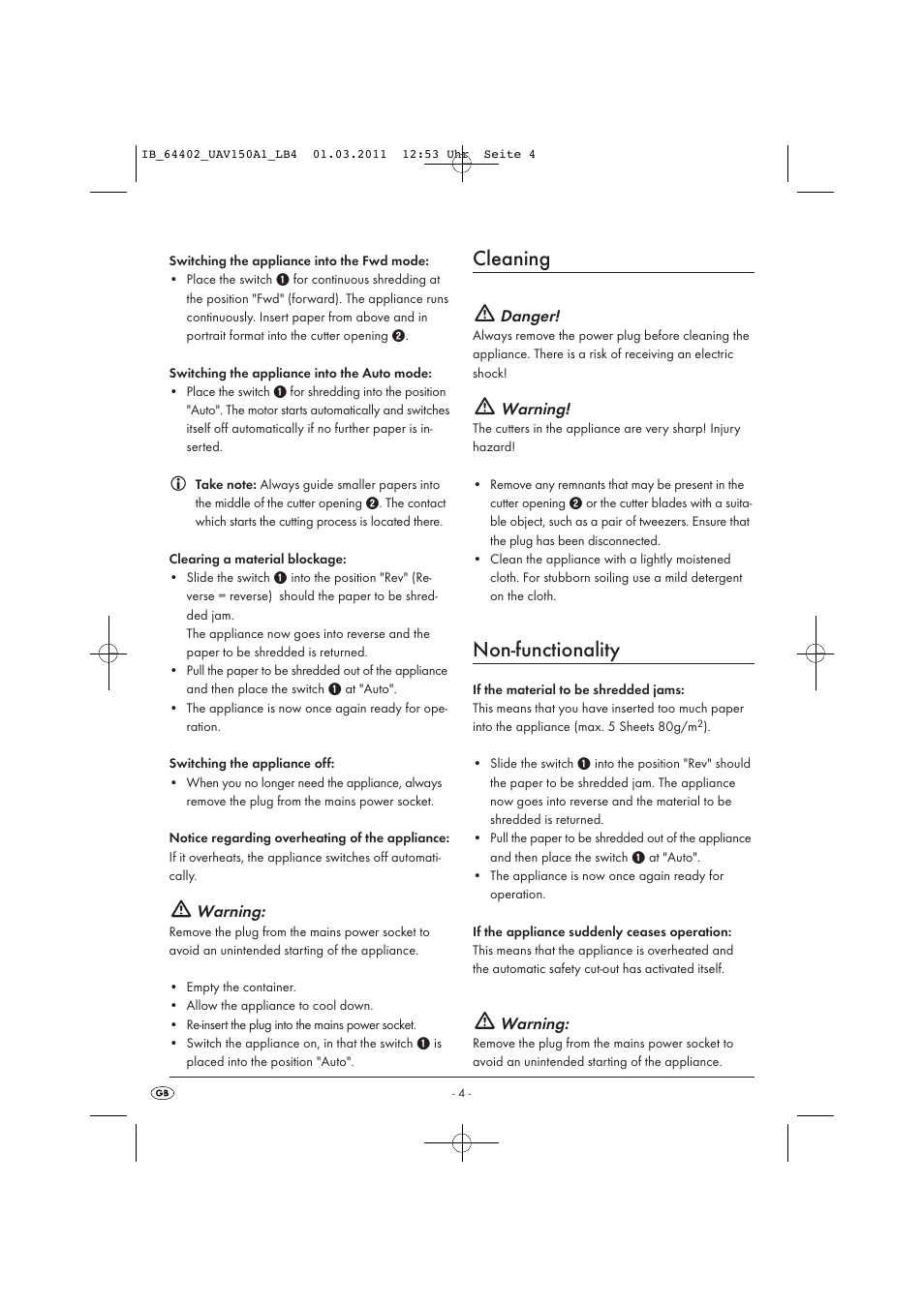 Cleaning, Non-functionality, Warning | Danger | United Office UAV 150 A1 User Manual | Page 6 / 44