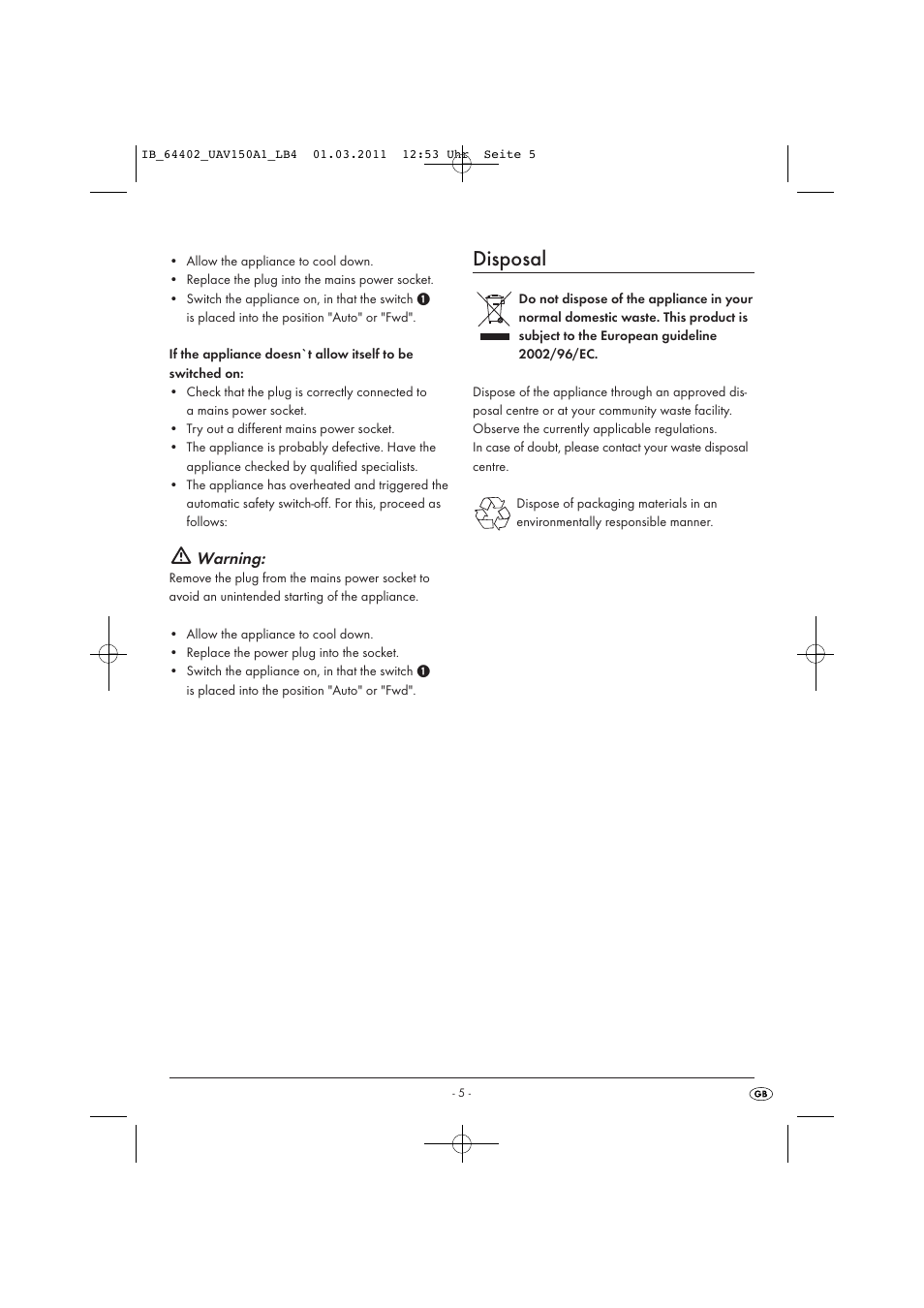 Disposal, Warning | United Office UAV 150 A1 User Manual | Page 7 / 44